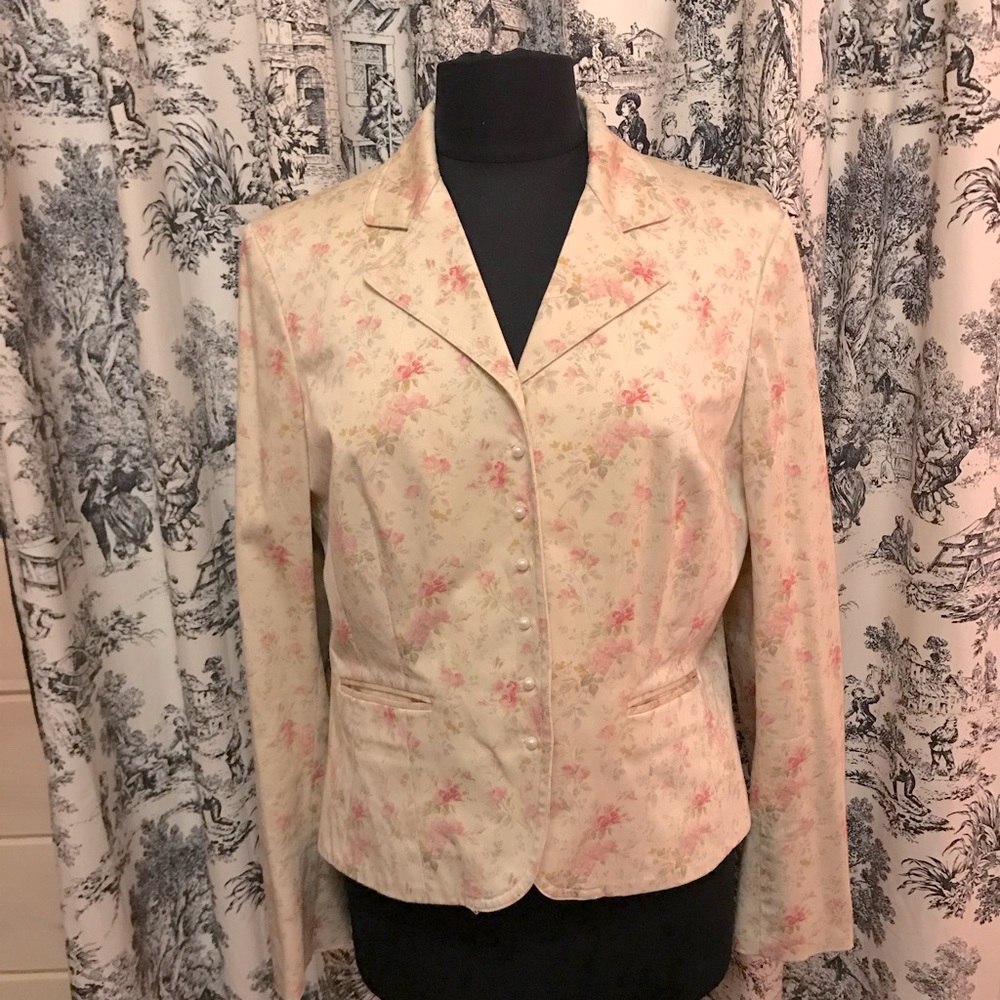 Chaps Cotton Blazer Jacket Floral Roses L Boho Cream Pink EUC